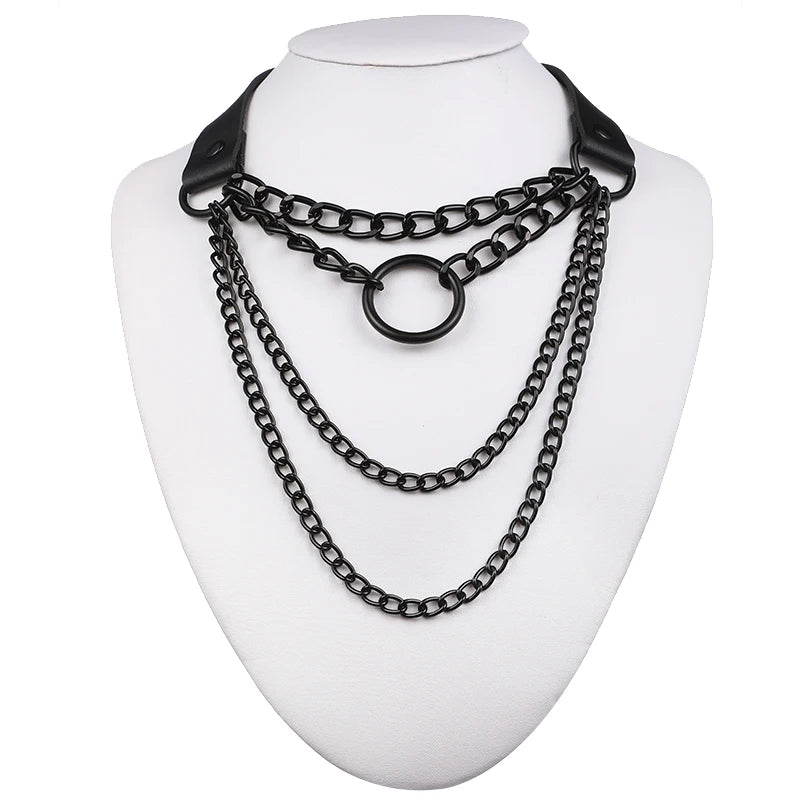 Layered Chain Necklace Punk Choker Collar Goth Pendant Necklace Women Black Leather Emo Gothic Jewelry
