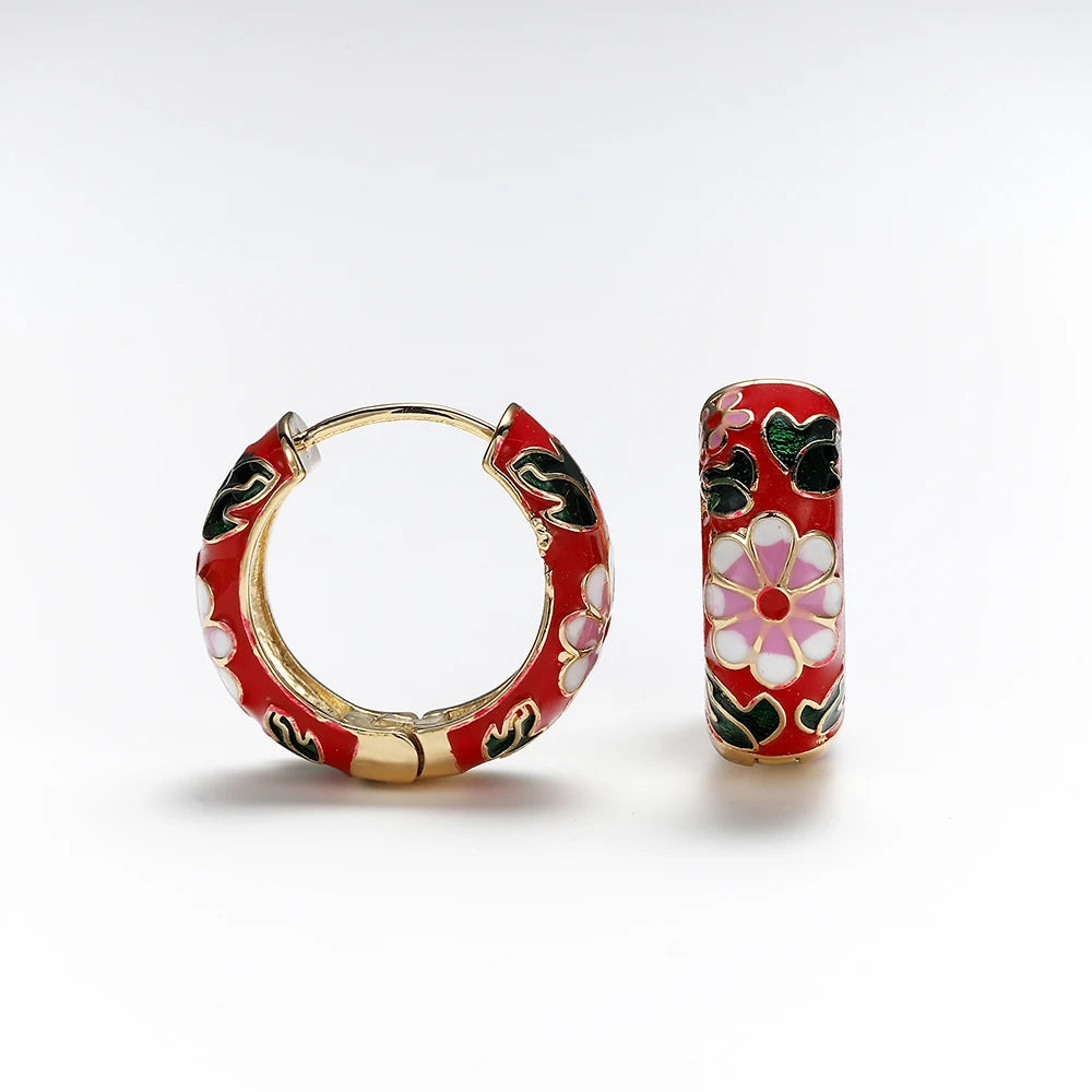 Boucles Créoles Fleur Émail Élégantes | Huggie Vintage Bohème | Petites Cercles | Bijou Femme Cadeau
