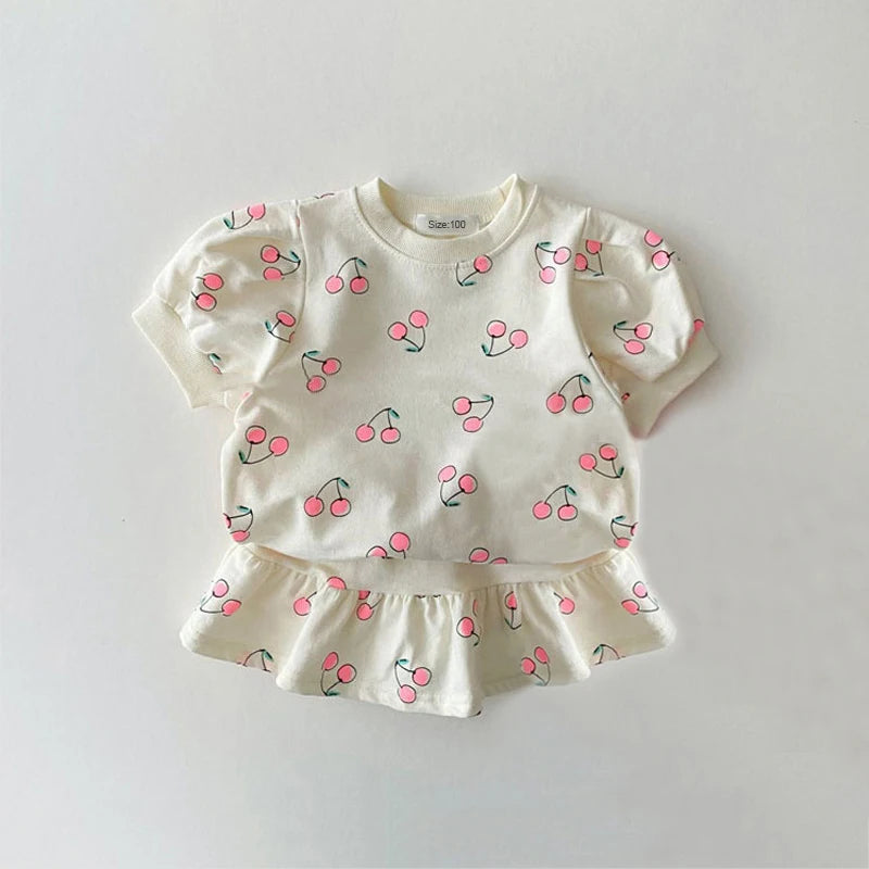 Fashion Girl Clothes Sets Summer Short Sleeve Sweatshirt Tops + Skirt 2Pcs for 1-5Y Kids Girl Clothing Sets Baby Clothes Outfits