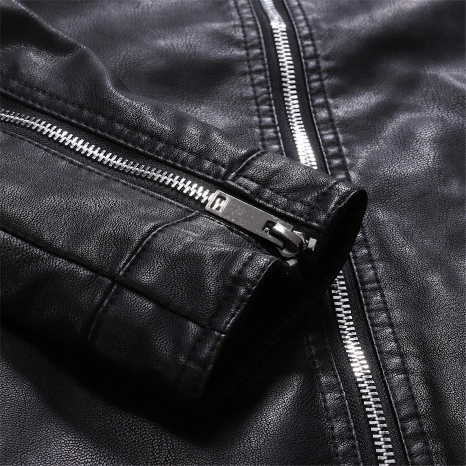 Veste motard noire en similicuir PU pour homme | Col montant