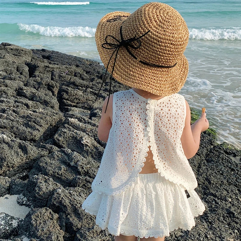 Girls Outfit Set 2026 Summer Clothing Sets Hollow Lace Suit Baby Casual Sleeveless T-shirt+Shorts Kids Clothes Sets Baby Clothes