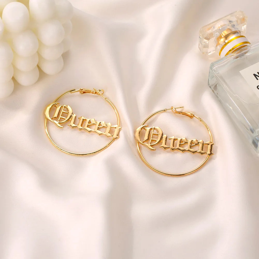 New Simple Big Circular Hyperbole Personalized Letter Hoop Earrings For Women Fashion Hollow Round Jewelry Gift