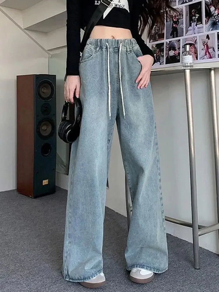 Botvotee Elastic Waist High Waist Wide Leg Jeans for Women Loose Straight Blue Long Denim Pants Female Fashion Streetwear Jeans