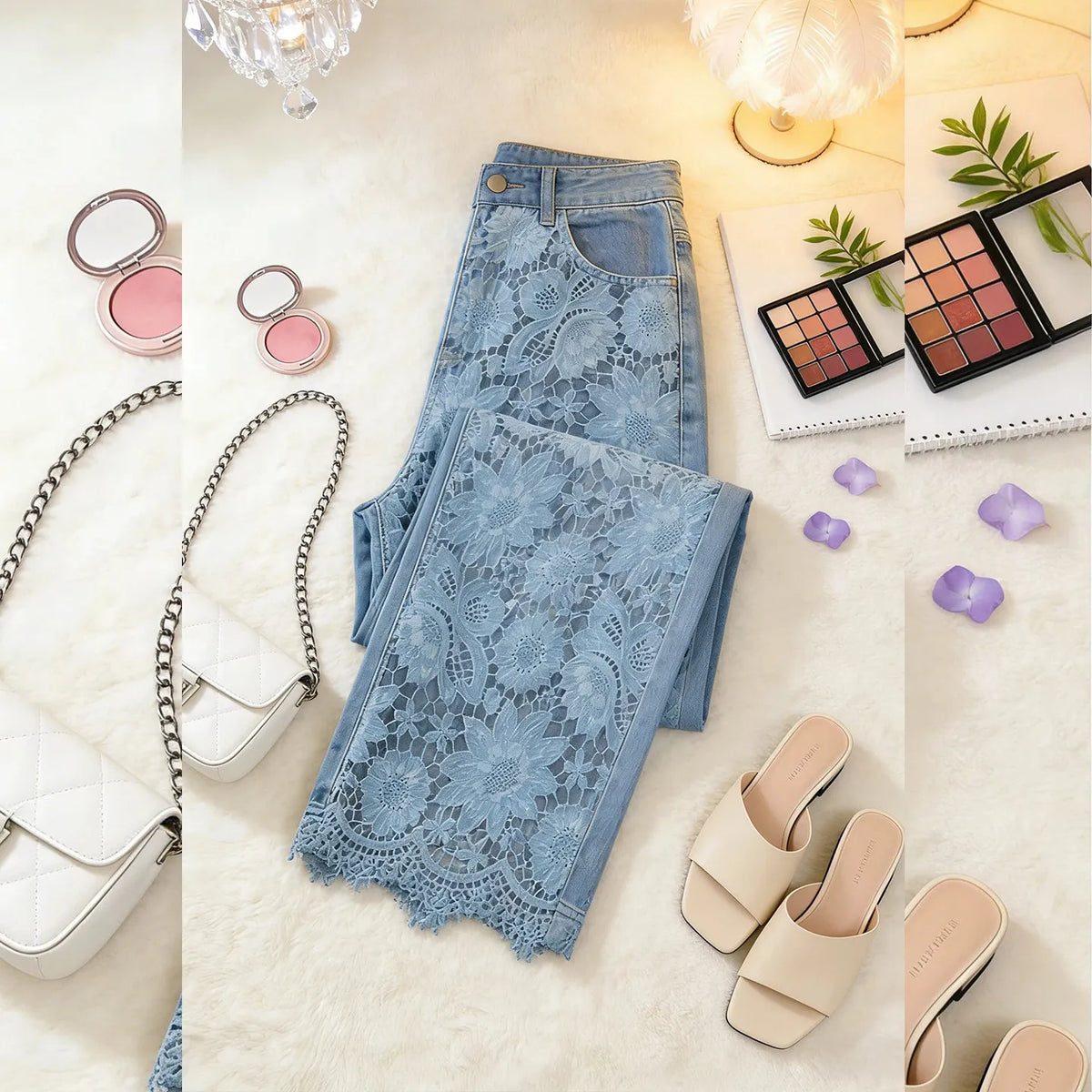 High Waist Wide Leg Pants Lace Splicing Hollow out Loose Fit Straight Cut Jeans Women's Spring Fashion Casual Trousers