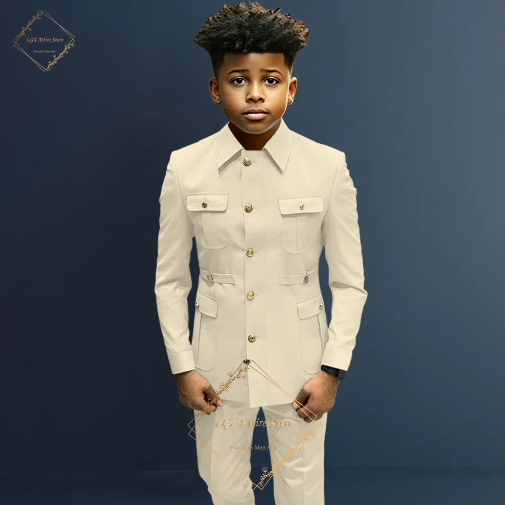 Boys single-breasted formal 2-piece suit, boys Zhongshan suit style long coat classic design suitable for ages 2-16