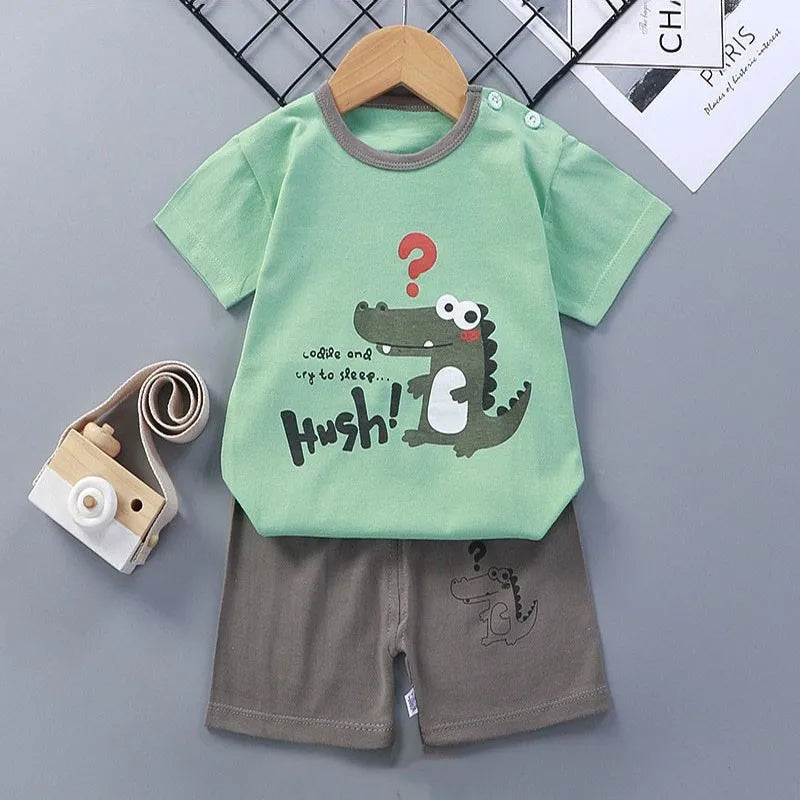 Pyjama 2 Pièces Enfant Coton | T-Shirt & Short Été | Cartoon Ours & Dinosaure | 1-4 Ans