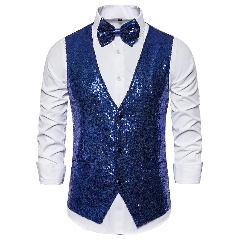 Luxury Vest for Men V-neck Slim Sparkling Tailcoat Solid Plain Waistcoat Bowtie Set Wedding Party Formal Sleeveless Jacket