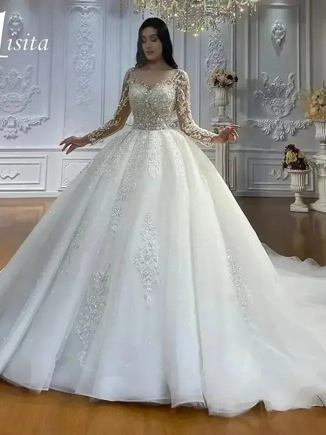 Robe de Mariée Luxe 2025 | Col Haut Manches Longues | Dentelle Sequins Appliques | A-Line | Sur Mesure | Champagne & Ivoire