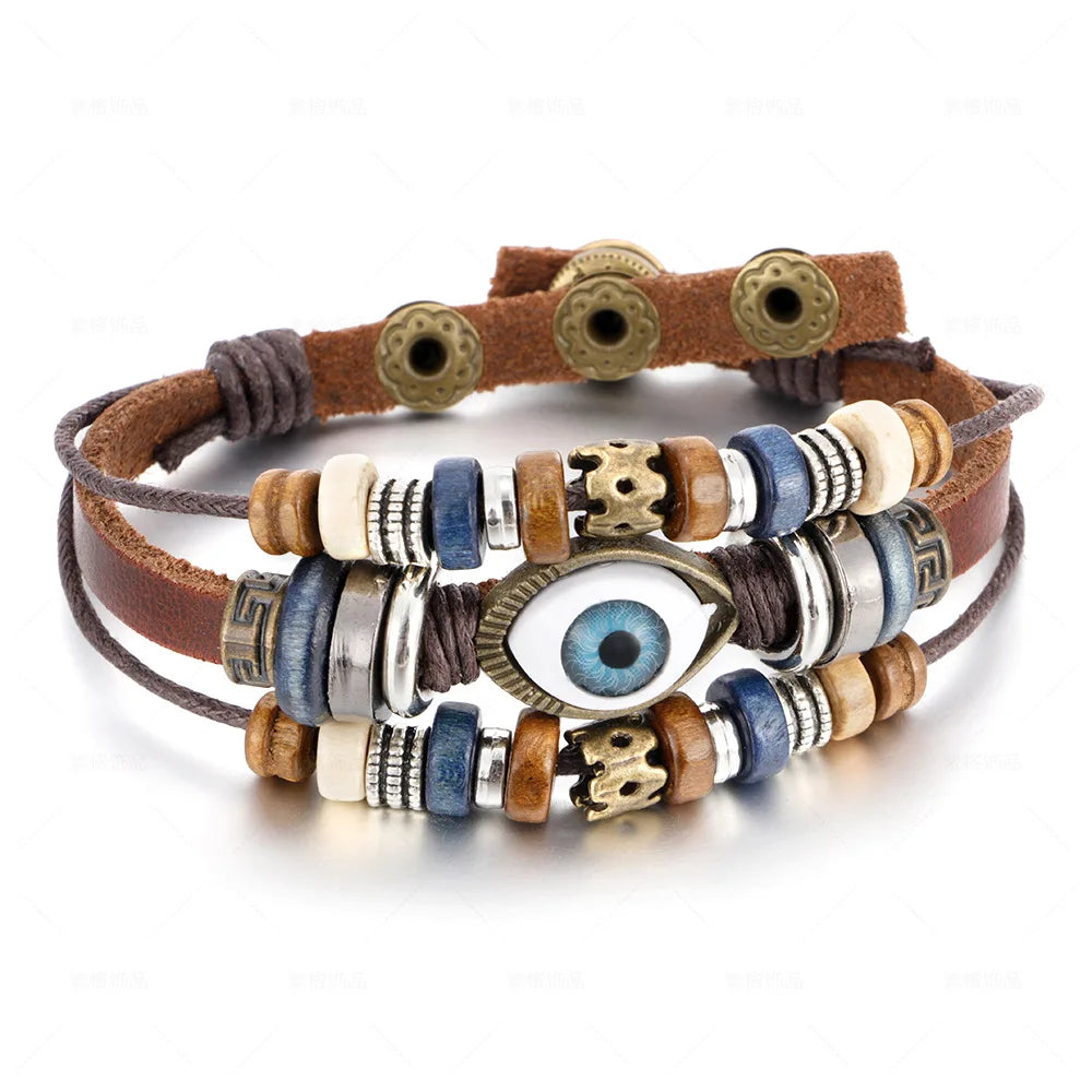 Bracelet Cuir Tressé Perles Bois | Unisexe Ethnique Tribal | Fait Main | Manchette Femme & Homme