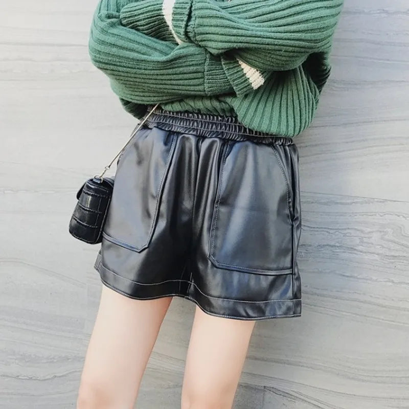 Short PU Taille Haute Femme | Casual Large | Pantalon Automne-Hiver | Grande Taille Bootcut
