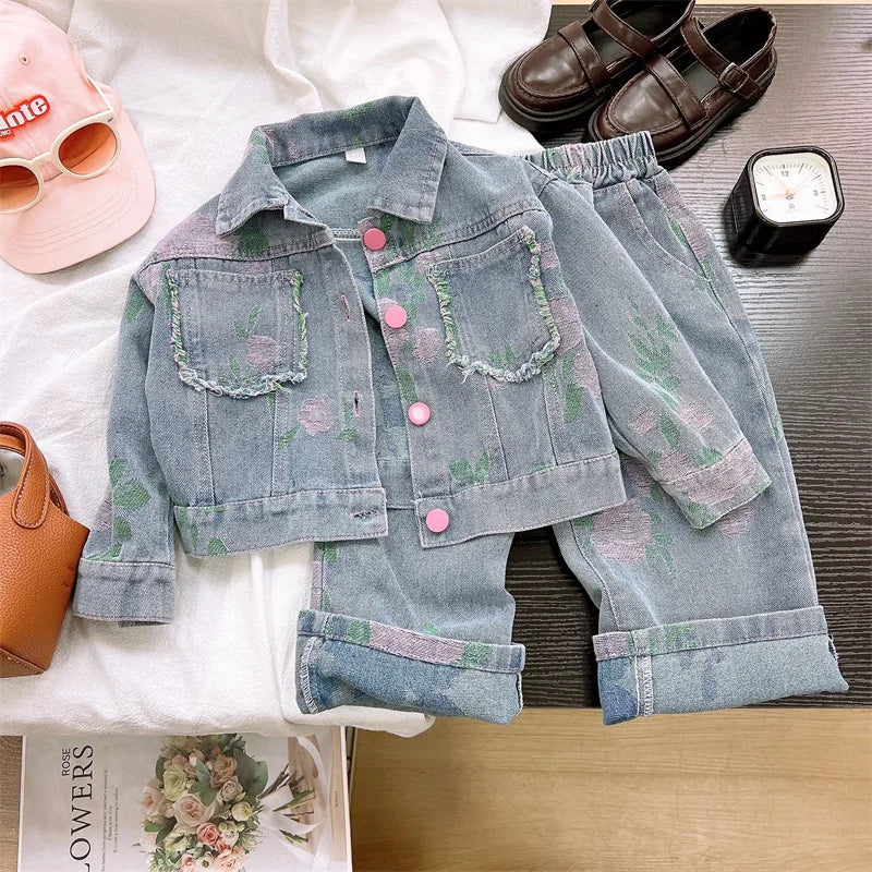 Ensemble Fille 2025 Printemps-Automne | Veste Jean & Jean Droit | Tenue Mode Enfant