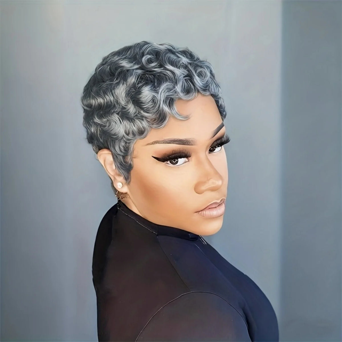 Human Hair Wig 6Inch Natural Grey with Loose Curls 180% Density Machine-Made Wig with Rose Net Cap Comfortable Fit for Daily Wear