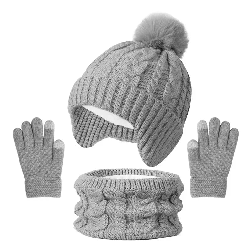 3pcs Kids Winter Warmth Set with Hat, Scarf & Gloves - Soft Pink &, Machine Washable, Polyester-Filled, Perfect for Outdoor