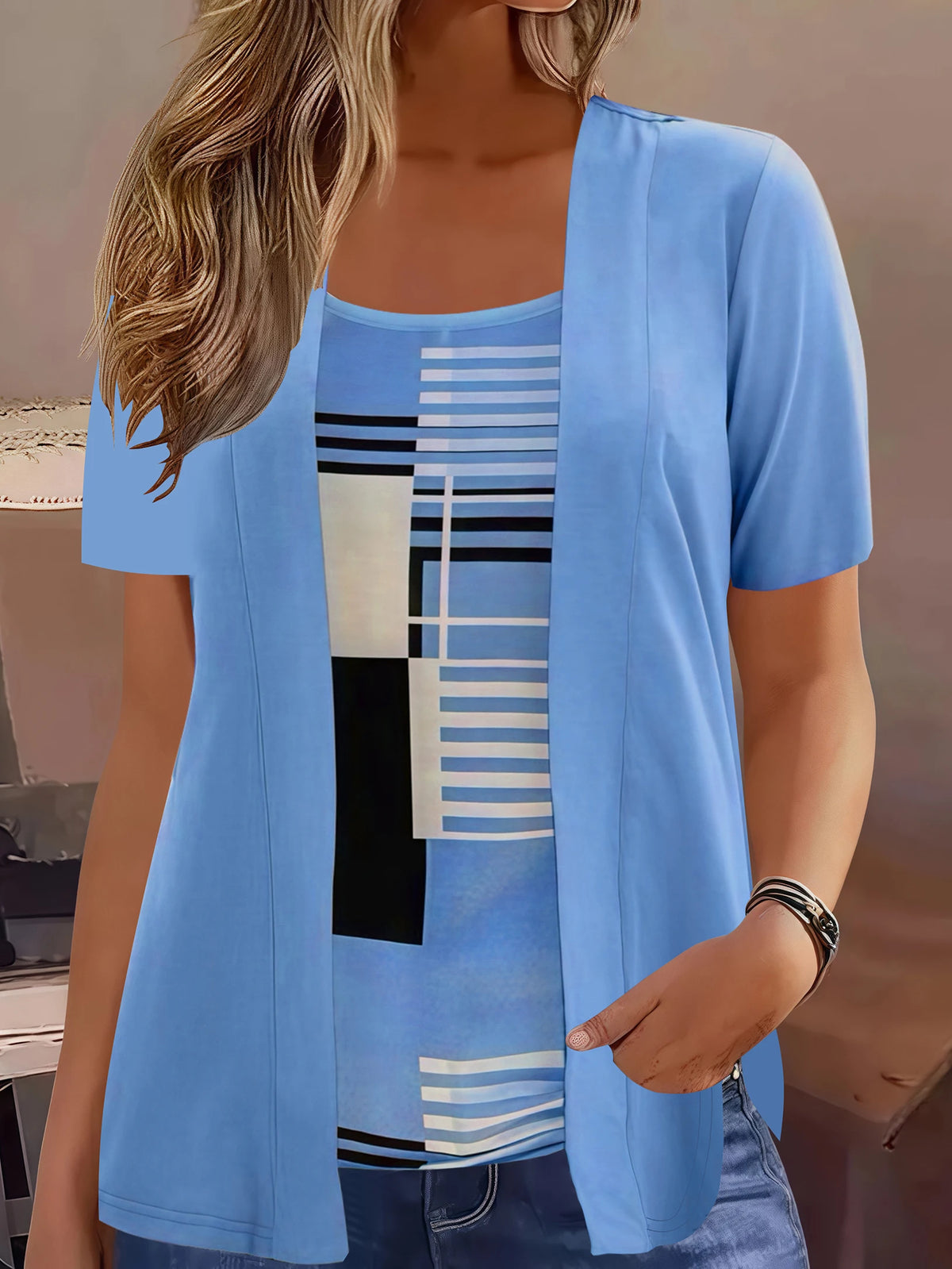 Elegant Geometric Print Mock Two-Piece T-Shirt | Plus Size Women's Summer Casual Top | Fashion Patchwork Design