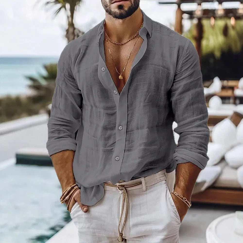 Chemise en coton et lin pour homme, style plage d'été, couleur unie, simple boutonnage, chemises respirantes, hauts boutonnés légers et élégants