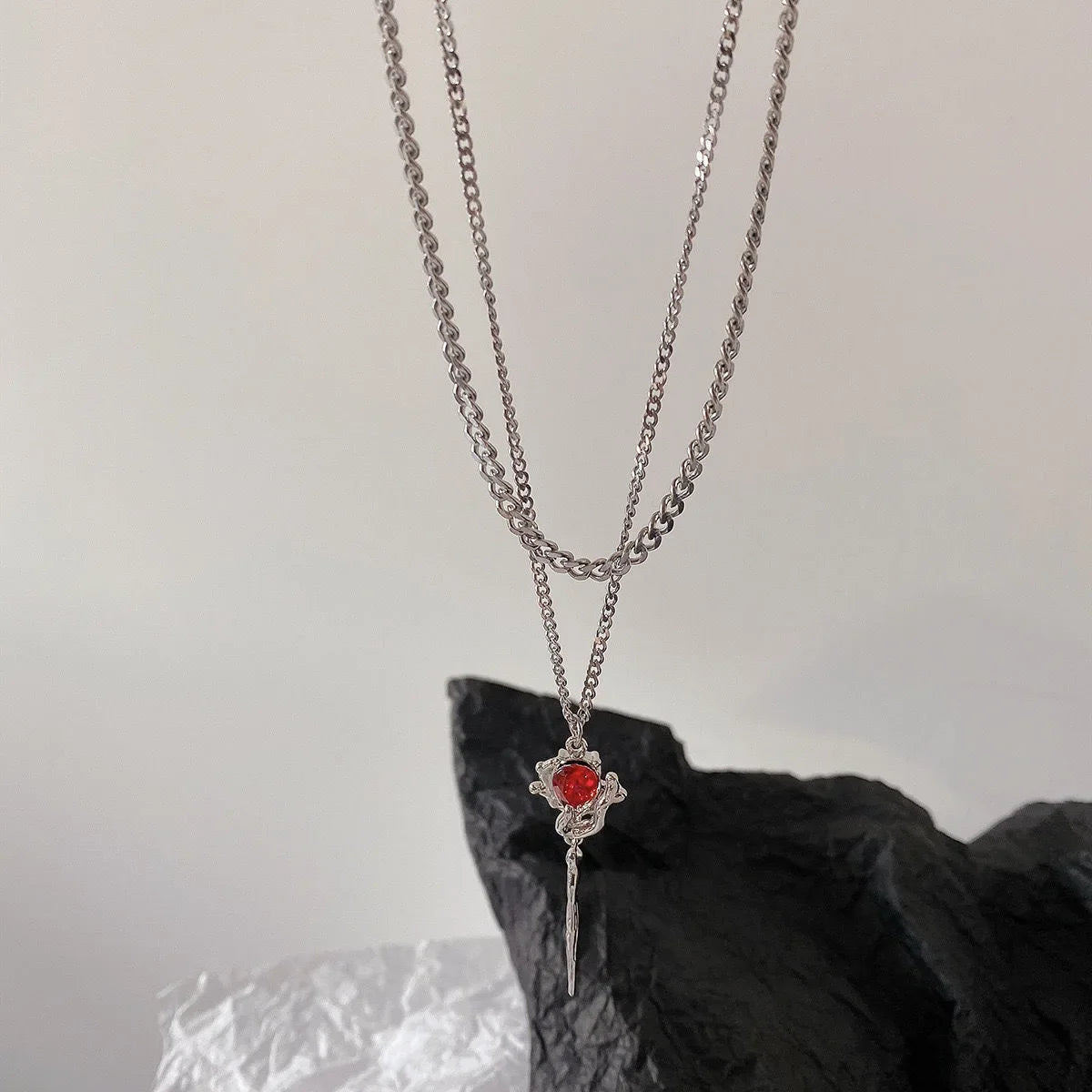 Two-Layer Mixed Chain Silver Necklace, Irregular Frame Red Crystal Thorn Pendant Gothic Cool Stack Collarbone Jewelry for Women