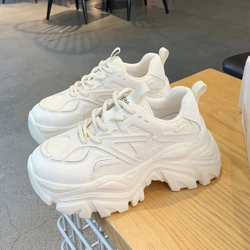 2024 New Summer Black Chunky Casual Sneakers Women New Fashion Platform Sport Shoes Mesh Leather Platform Shoes