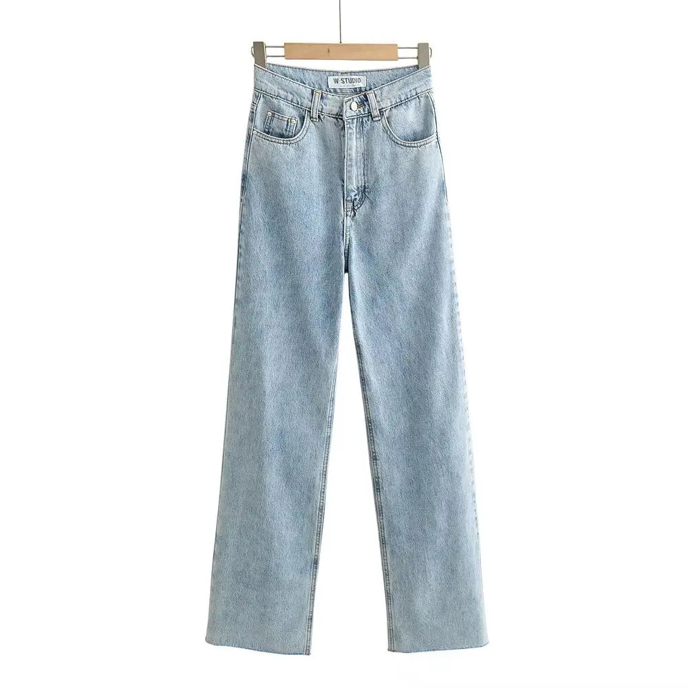 Jean Femme Taille Haute 2025 | Printemps-Automne | Décontracté Droit | Ourlet Brut Longueur Sol | Vintage