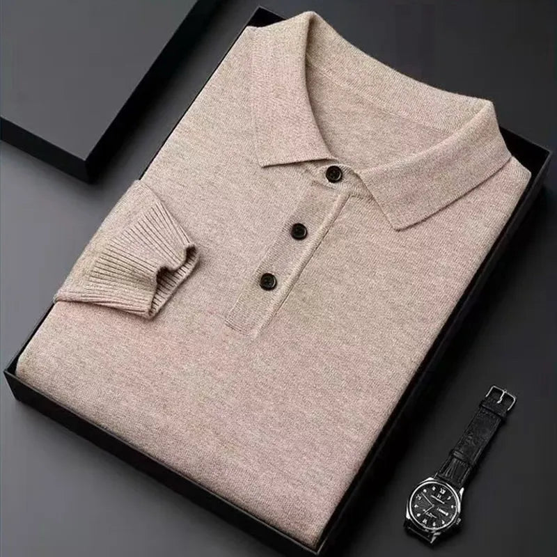 Luxury Men's Cashmere Sweater 100% Merino Wool Buttoned Pullover Autumn Winter Polo Collar Knitwear Male Casual Warm Jumper Tops