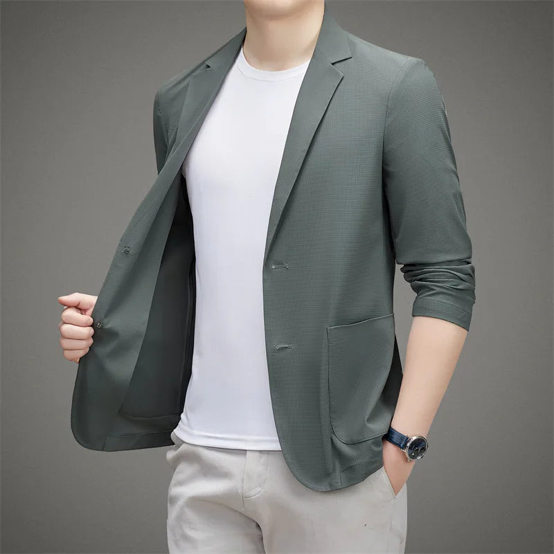 Minimalist Men's Casual Blazer Ice Silk Nylon Spandex Seamless High-Stretch Sun Protection Cooling Summer Breathable Tech Jacket