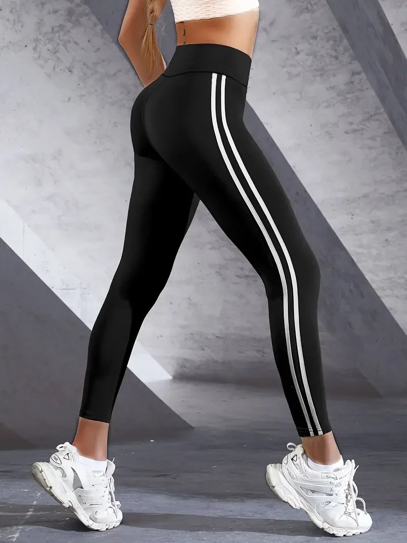 Women's High-Waisted Elastic Leggings - Thin Double-Stripe - Spring/Autumn - Running Sports - Tight-fitting Small Feet Design - Nine-Point Length