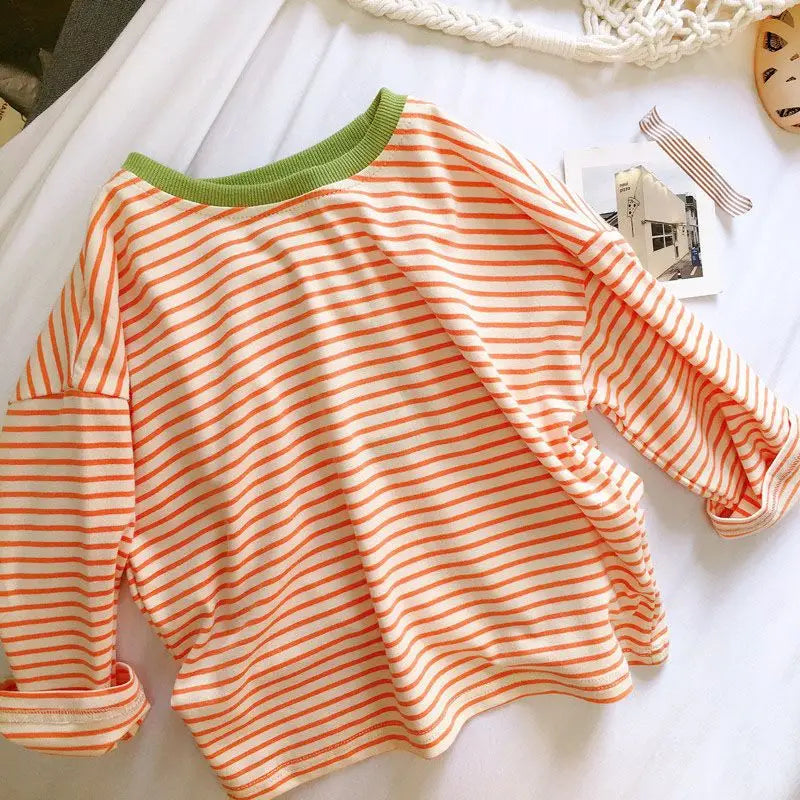 Boys and Girls Long-Sleeved T-shirt, Children's Base Layer, Spring and Autumn Pure Cotton Casual Versatile Striped Baby Top