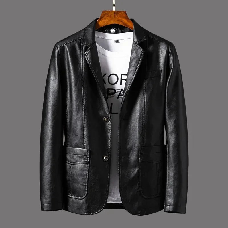 New Leather Jacket Men's Business Casual Lapel PU Leather Blazers Fashion Solid Slim Korean Style Leather Coat Big Size 6XL