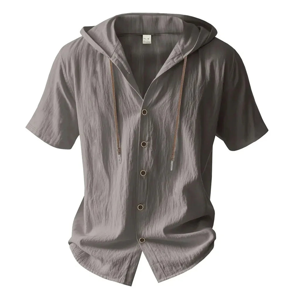 Men's Cotton Linen Hooded Short Sleeve Solid Color Breathable Lightweight Drawstring Design Shirts Casual Basic Tees