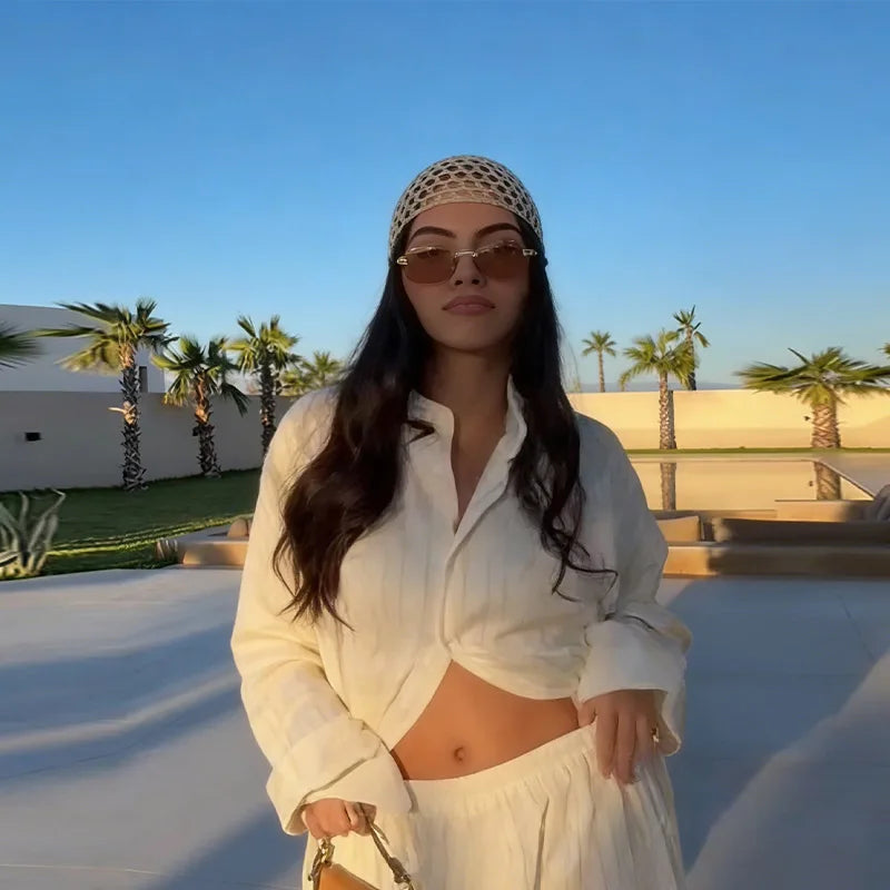 Beige Two-Piece Set Women Oversized Button-Down Shirt & High Waist Wide Leg Pants Y2K Summer Vacation Kaftan Outfit