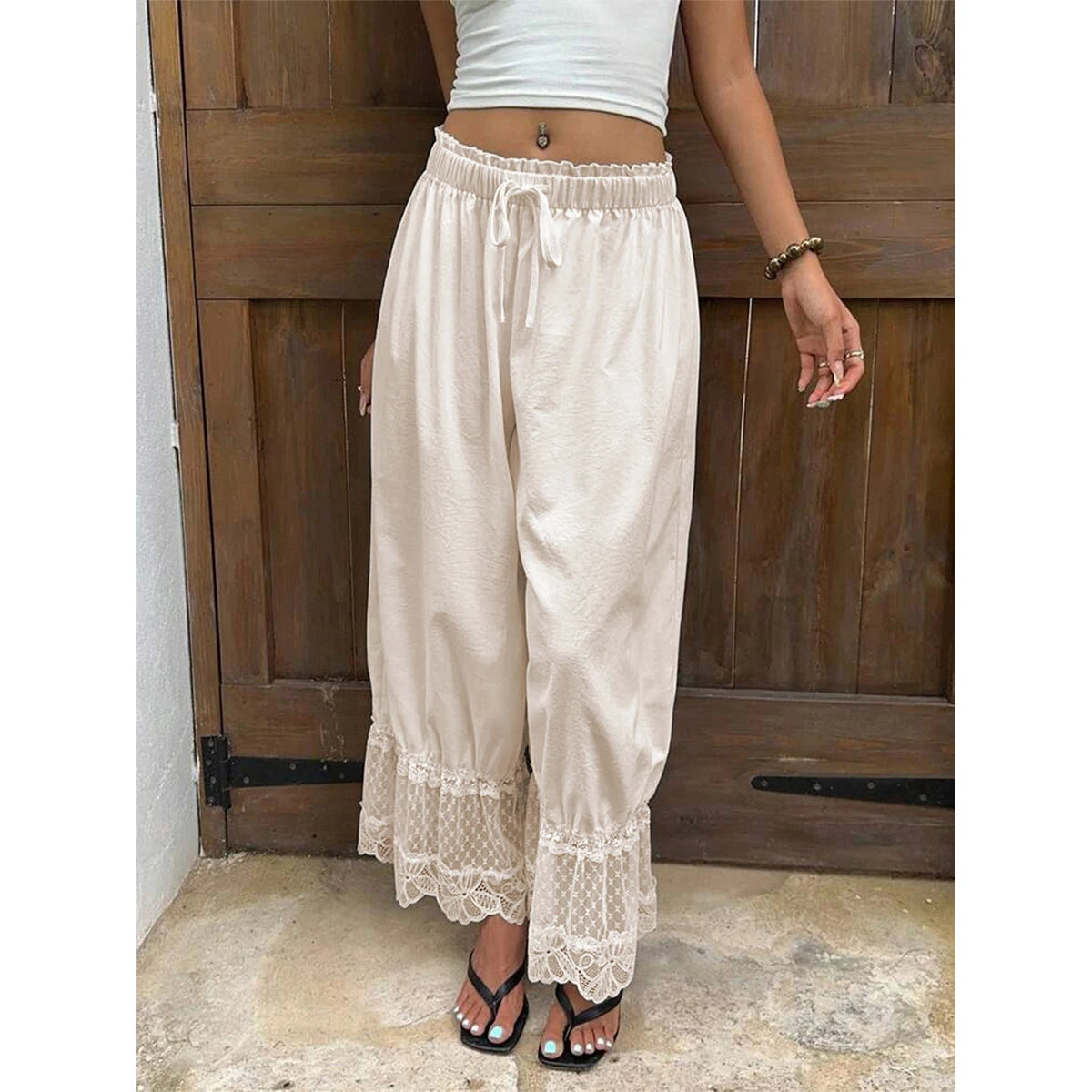 Women's Wide Leg Pants White Polyester Lace Trim Hem Casual Loose Fit Summer Trousers Wide Leg Pants