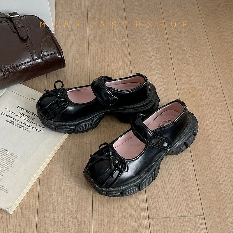 Autumn Chunky Women's Sports Shoes Fashion Shallow Butterfly-Knot Platform Sneakers Ladies Casual Flats Outdoor Mary Jane Shoes
