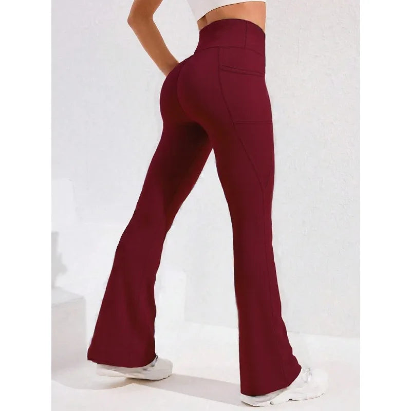High Waist Flare Leg Yoga Pants Women with Pocket Push Up Butt Running Tights Wide Leg Pants Gym Outdoor Cycling Leggings