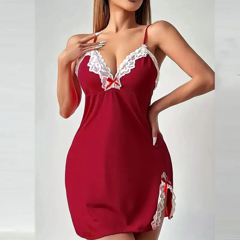 Ensemble Lingerie Grande Taille | Soutien-Gorge Dentelle & String | Robe Nuisette Col V Fente | Tenue Sexy