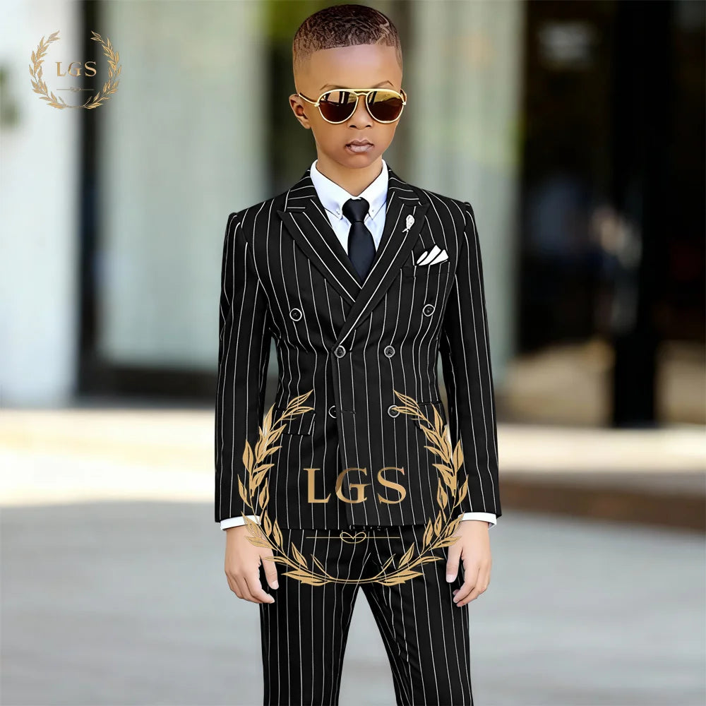 Elegant Boys' 2-Piece Suit: Double-Breasted Striped Blazer with Peak Lapel & Pants for Church, Graduation, Special Occasions