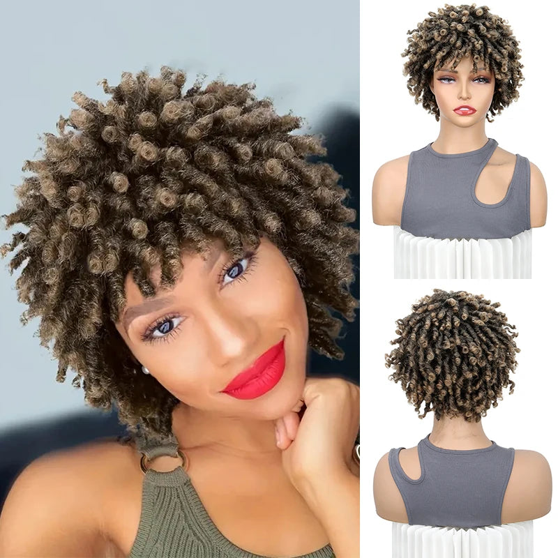 Perruque synthétique courte à fausses locks bouclées