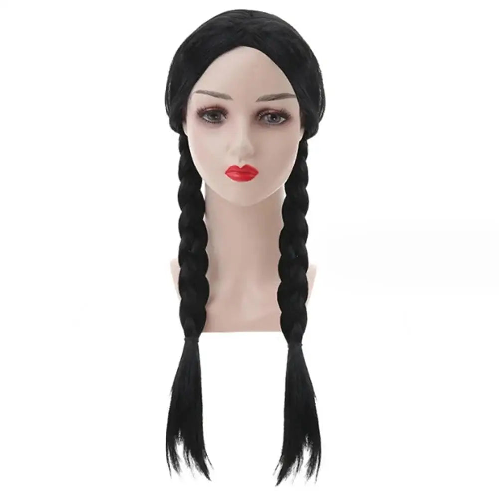Double Ponytail Braided Wig For Wednesday Wigs Halloween Gothic Costume Braids Anime Double Black Synthetic Braided With Bangs