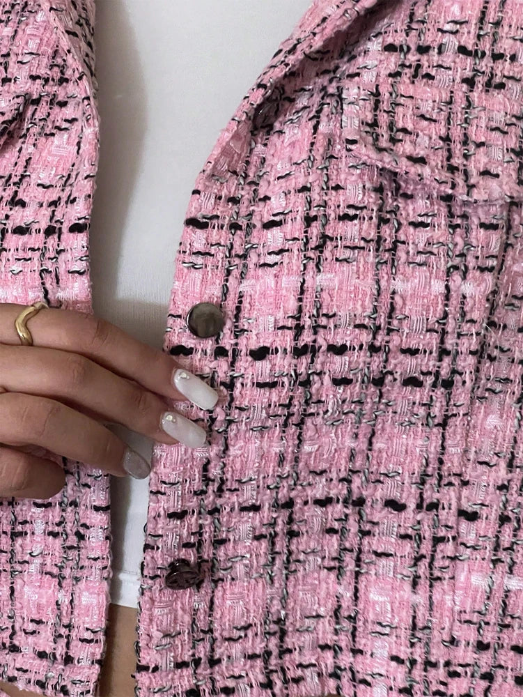 Plus-Size Women's Tweed Two-Piece Set: Cropped Blazer and Mini Skirt—Perfect for Casual Outfits, Dates, and Parties