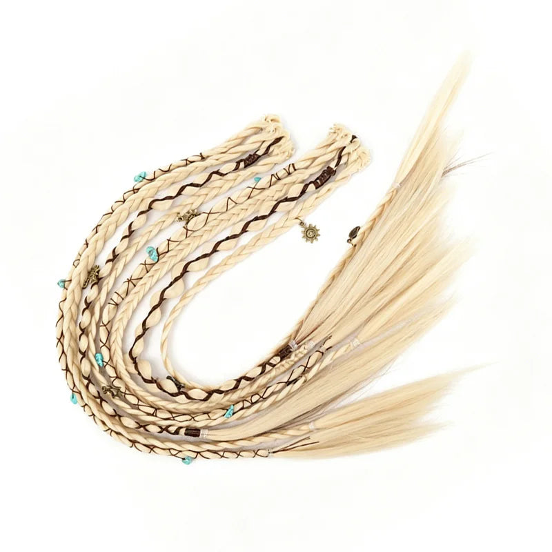 Bohemian Long Hair Braid Hand-Woven Wig Braid with Decorative Hair Accessories Easy-to-Wear Synthetic Hair Clip Braid synthetic