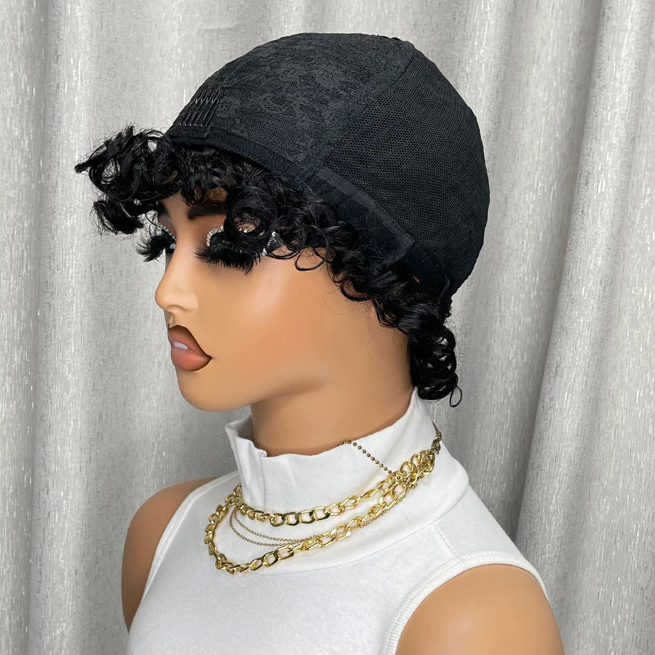 Kinky Curly Human Hair Wig Short Bob with Bangs for Black Women Machine Made Afro Curly Style Pre Plucked Natural Look Daily Wig
