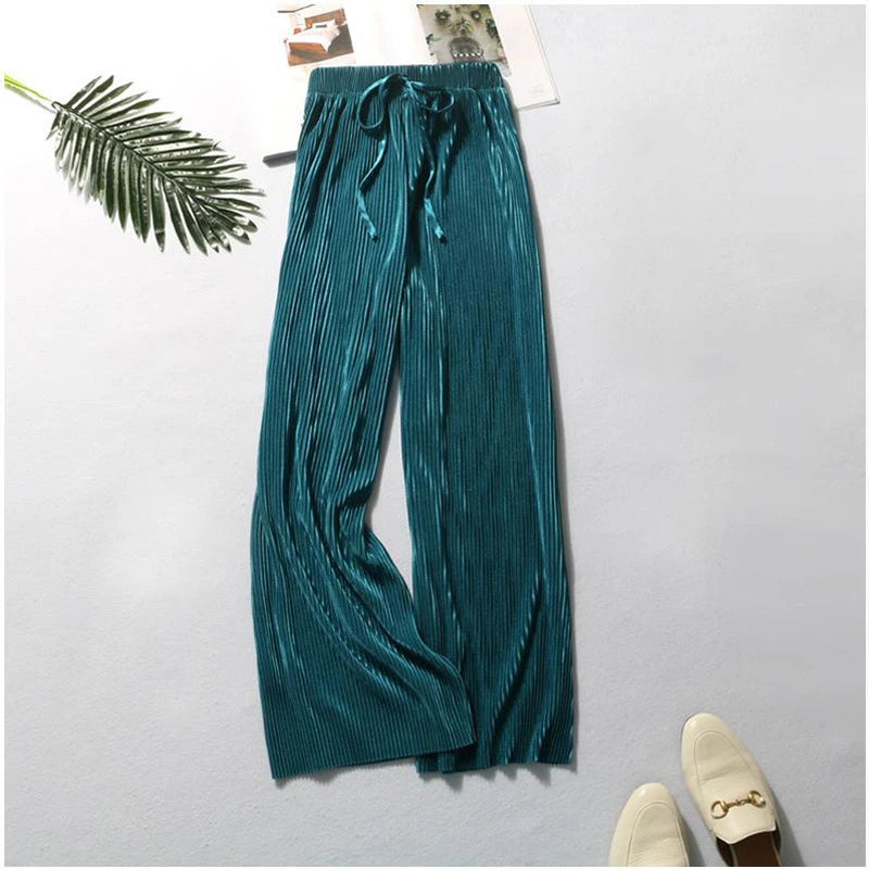 Pantalon Large Plissé Soie Glacée Femme | Taille Élastique Ample | Casual Été Mode