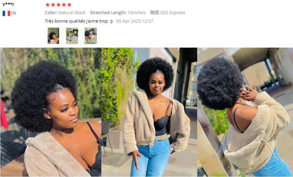 Queue de Cheval Afro Kinky Curly | Drawstring | Clip Extensions | Remy Brésilien | 10 Pouces | Chignon Naturel | Cheveux Humains