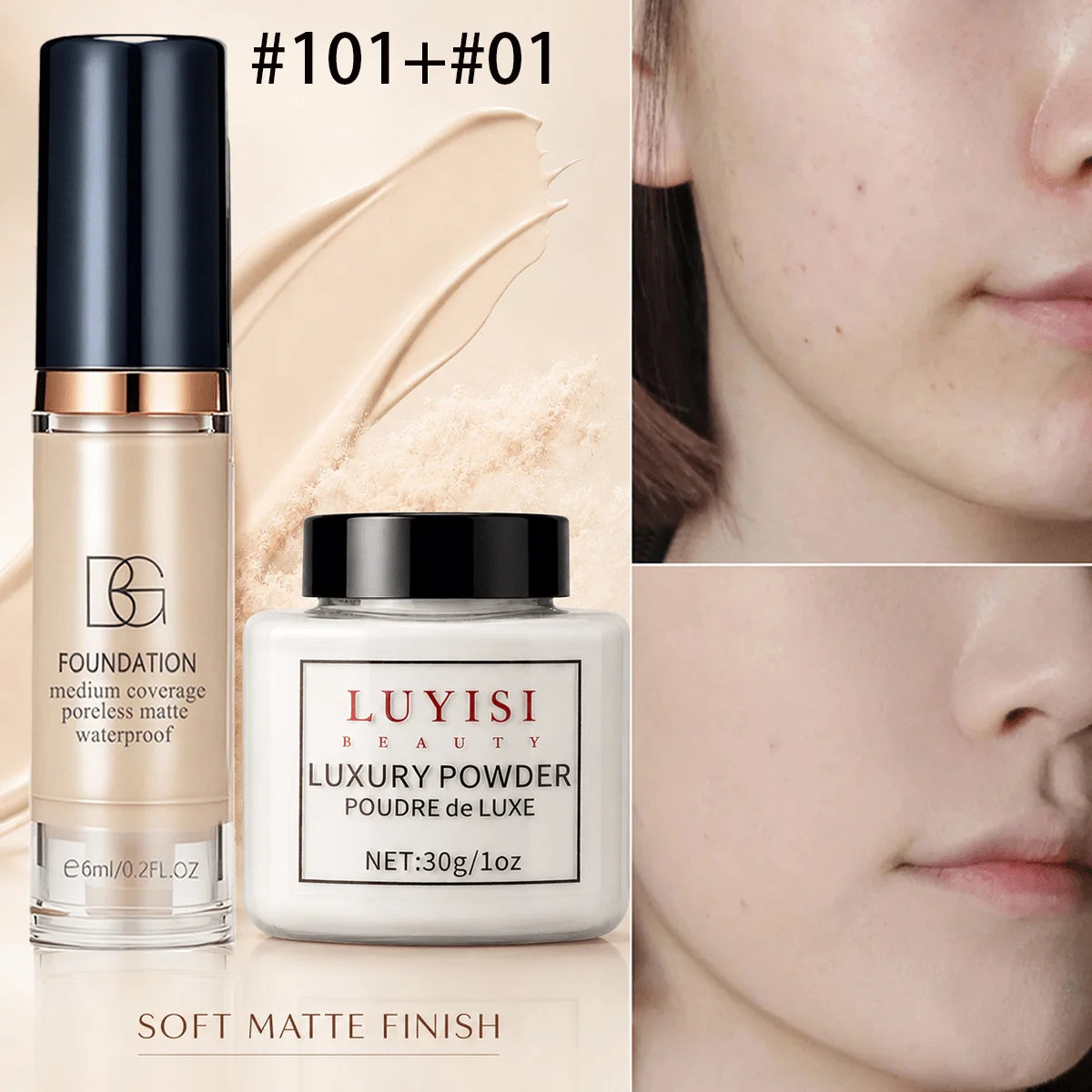 Facial Makeup Set:1pc Matte Loose Powder+1pc Waterproof Fundation,High-Coverage,Long-Lasting,Oil Control,Creat Natural Looks.