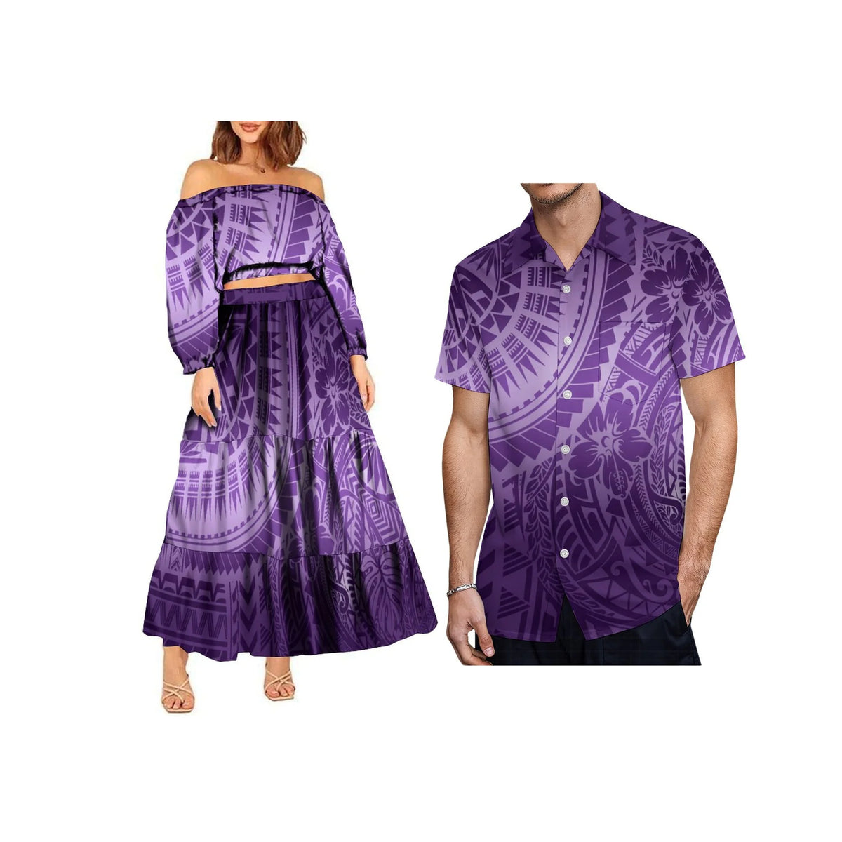 2024 Trendy 2 Piece Set Custom Polynesian Tribal One Shoulder Long Sleeve Crop Top Maxi Skirt Plus Size Women's Sets Dress