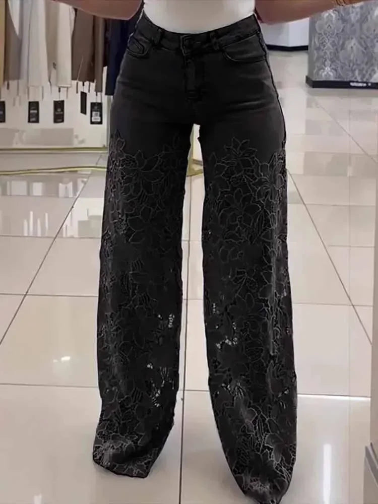 Jean Femme Taille Haute Jambe Large | Dentelle Ajournée Denim | Coton Printemps-Été | Style High Street | XS à XXXL