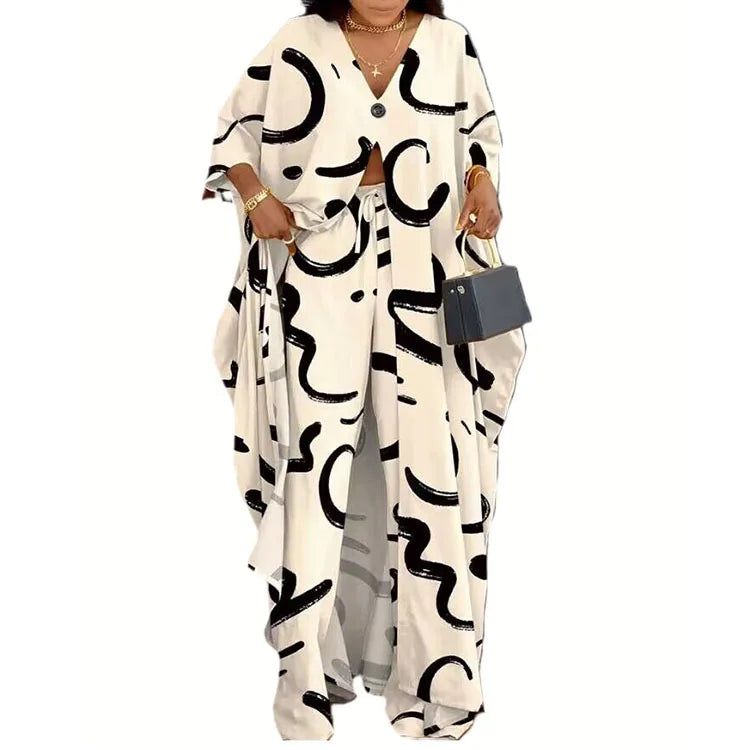 Plus Size Two-piece Set Women's Outfits Elegant V-neck Button-up Printed Seven-quarter Sleeve Blouse and Drawstring Pants Suit