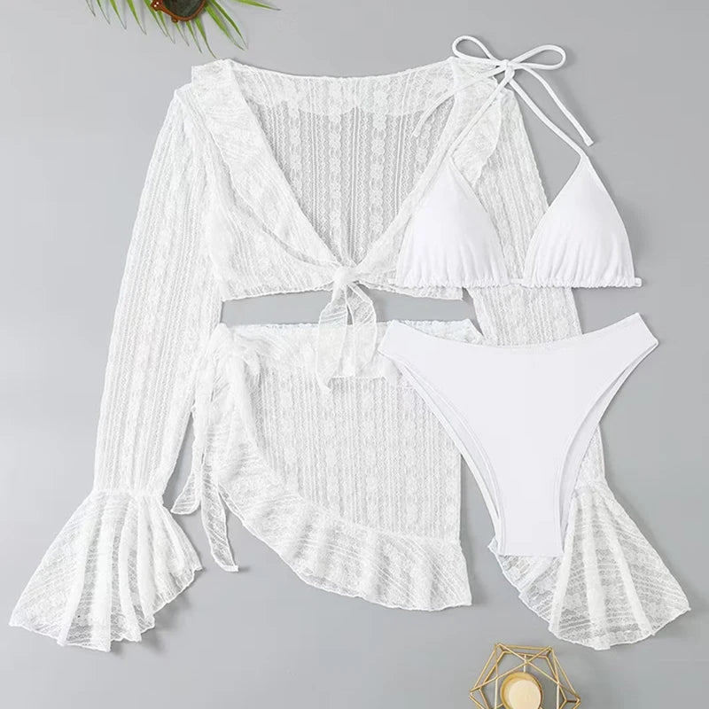 Maillot de Bain Femme 4 Pièces | Bikini Brésilien | Cover-Up Manches Longues | Uni | Plage & Soirée | Été 2026