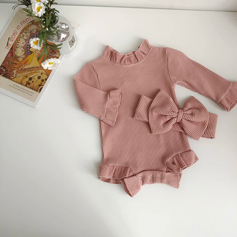 Fashion Toddler Baby Girls Romper Outfits Set Cotton Ribbed Flared Sleeve Jumpsuit + Bow Headband Sweet New Born Infant Clothing