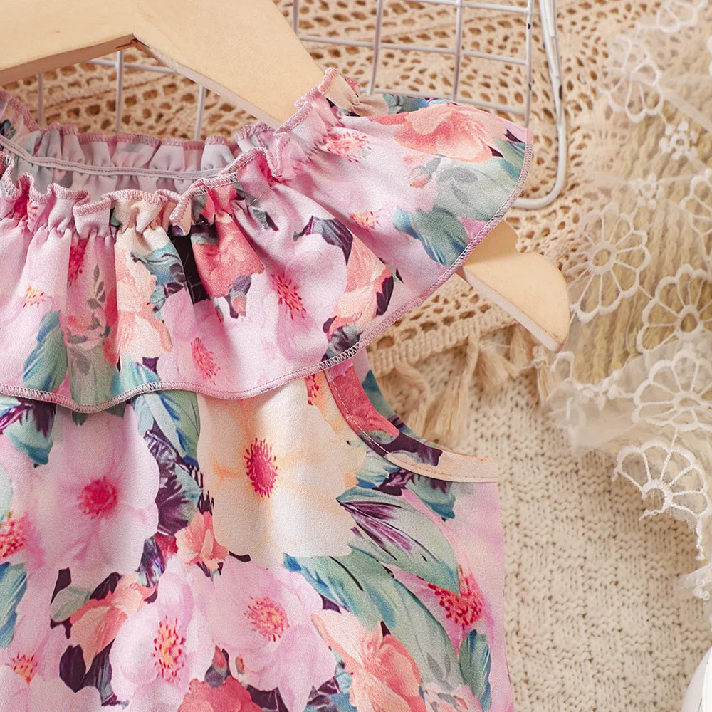 Kids Casual Summer Clothing Sets Outfits for Girls 2026 New Toddler Floral Print Ruffles Tops Short Pant Fashion Children 1-8Y