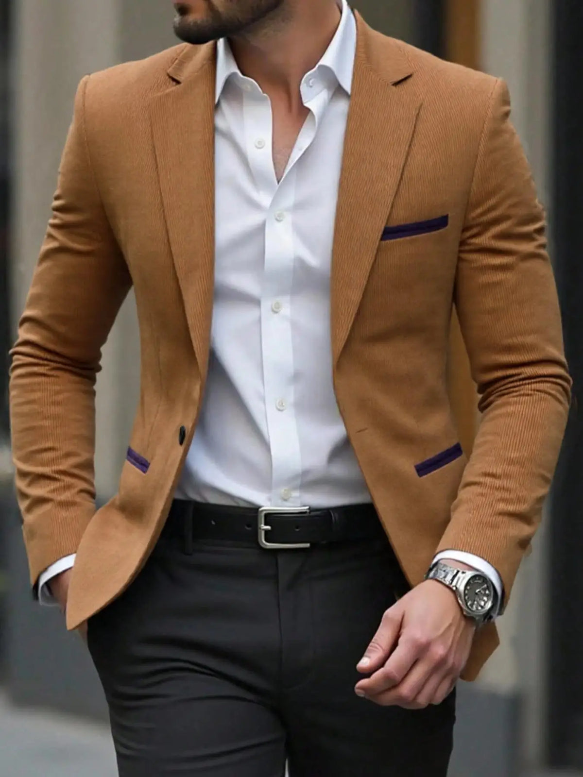 Men's Corduroy Blazer Jacket Medium Thick Business Suit Spring & Fall Season Fitted Design Woven Fabric Style