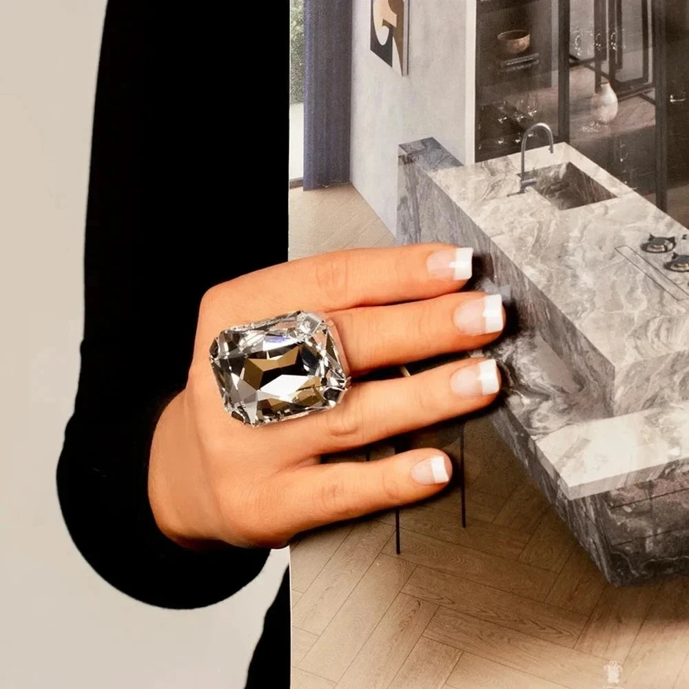 Bague Grand Cristal Rectangle Exagéré | Coloré Champagne | Ajustable Statement | Bijou Femme